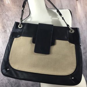 NWOT BCBG handbag black leather, tan canvas